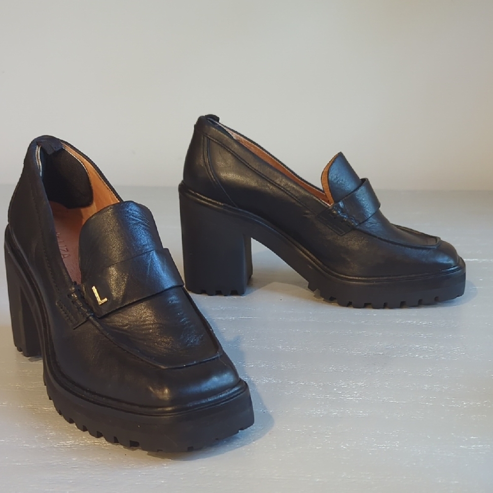 Black Leather Platform Block Heel Loafers